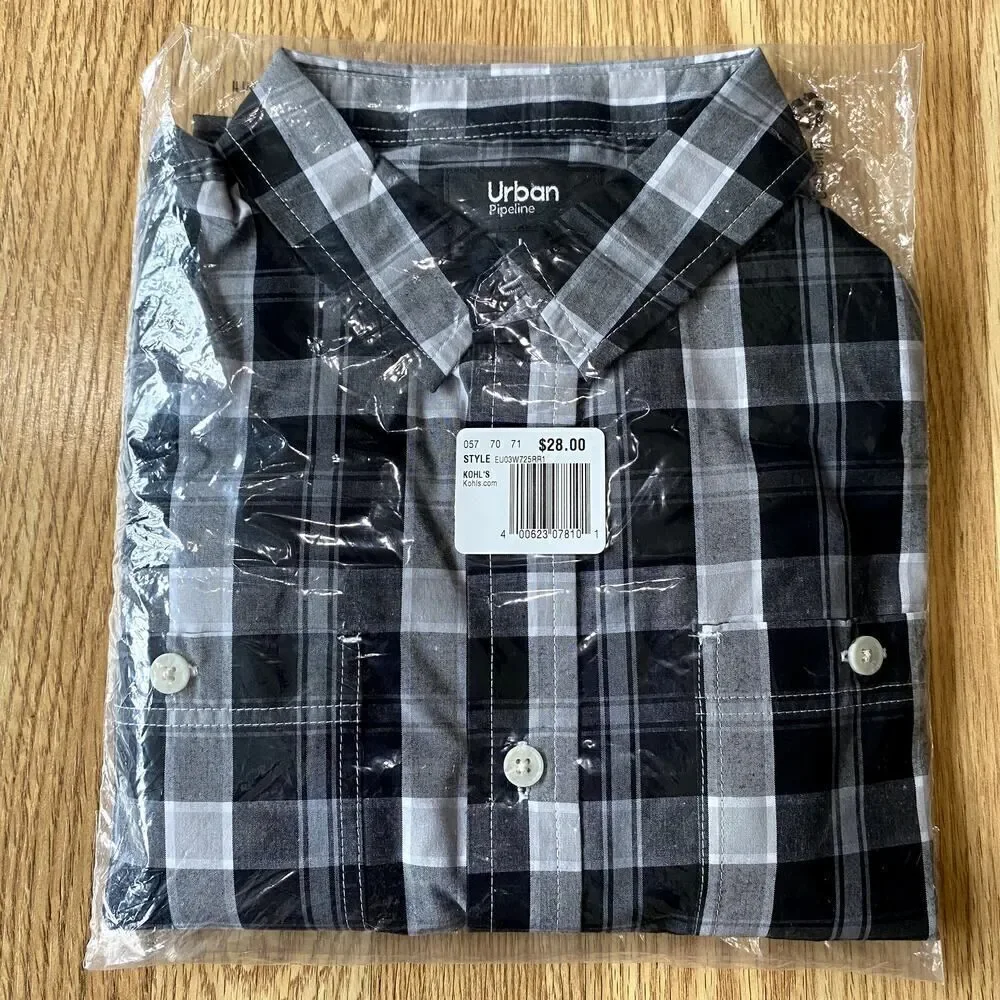 Urban Pipeline Plaid Button Up Black Gray Large
